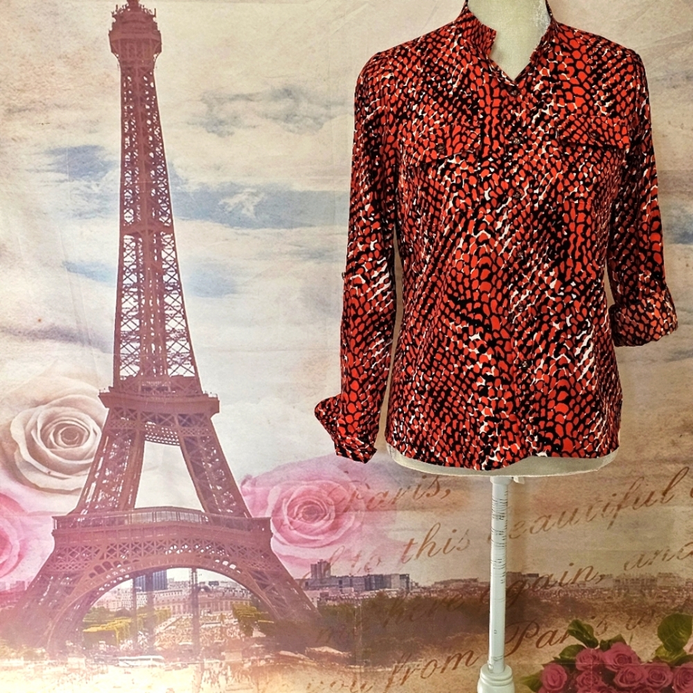 Jones New York Red and Black Button Down Shirt with Notched Collar Petite Sz P